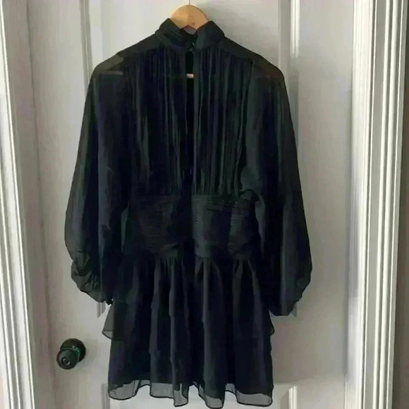 NWT  Express Mock Neck Long Sleeve Pleated Waist Tiered‎ Ruffle Mini Size 0 - Picture 9 of 9